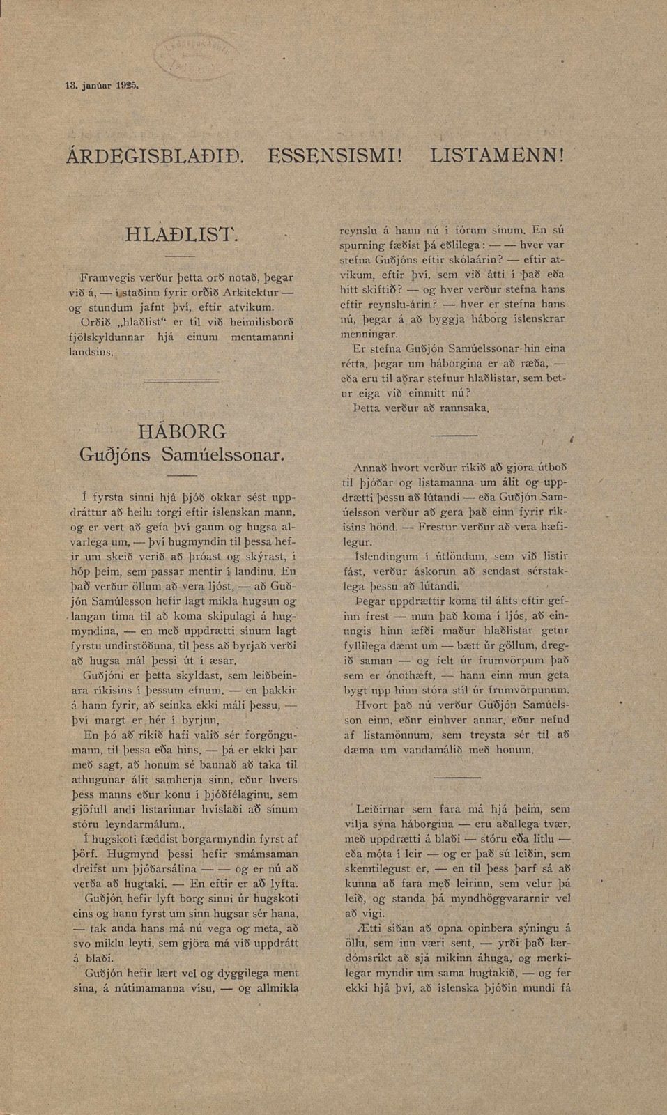Forsíða Árdegisblaðsins 13. janúar 1925 — greinin „Hlaðlist